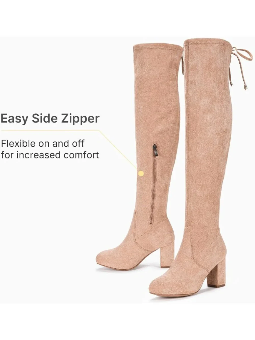 Women's Sand Chunky Heel Round Toe Side Zipper Over The Knee Thigh High Boots